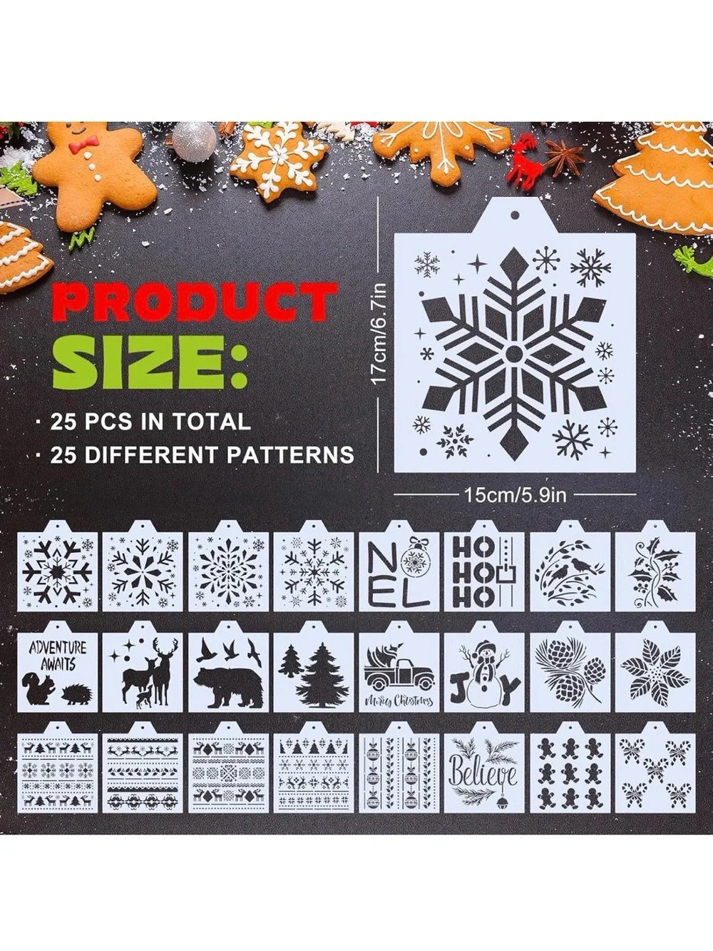 Whaline 25pc Christmas Bread Cake Stencils Reusable Holiday Baking Craft Set NWT